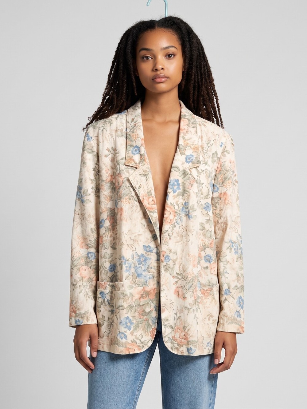 Alfred Dunner Cream Floral Blazer with Blue and Peach Accents